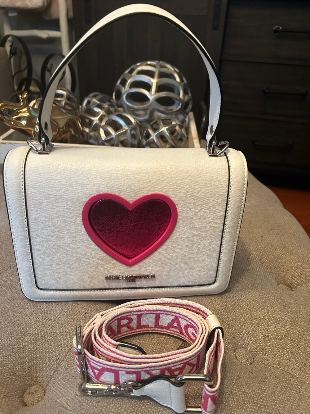 KARL LAGERFELD PARIS Simone Heart Flap Leather Bag - White/Cactus Pink Crossbody - Picture 11 of 11